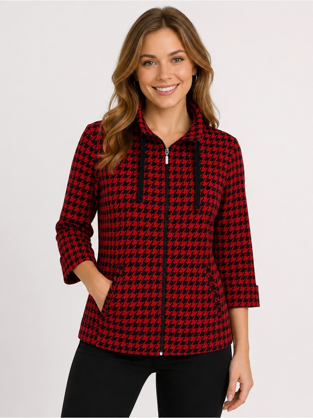 Kim Rogers Women’s L Red Black Houndstooth Zip Front Jacket 3/4 Sleeve